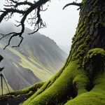 **Image:** A lone figure, silhouetted against a misty, rugged Kamchatka landscape. The figure is carefully examining moss growth on a gnarled tree trunk, using a compass and tattered map. Backpack and hiking gear visible. Emphasis on the feeling of isolation and reliance on nature's clues for navigation.