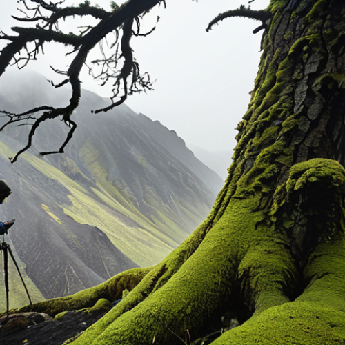 Home 19 **Image:** A lone figure, silhouetted against a misty, rugged Kamchatka landscape. The figure is carefully examining moss growth on a gnarled tree trunk, using a compass and tattered map. Backpack and hiking gear visible. Emphasis on the feeling of isolation and reliance on nature's clues for navigation.