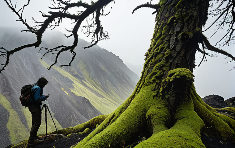 **Image:** A lone figure, silhouetted against a misty, rugged Kamchatka landscape. The figure is carefully examining moss growth on a gnarled tree trunk, using a compass and tattered map. Backpack and hiking gear visible. Emphasis on the feeling of isolation and reliance on nature's clues for navigation.