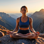 **A serene yet determined individual meditating in a rugged mountain landscape at sunrise, emphasizing mental resilience and stress management.** (Focus: Psychological resilience in nature)