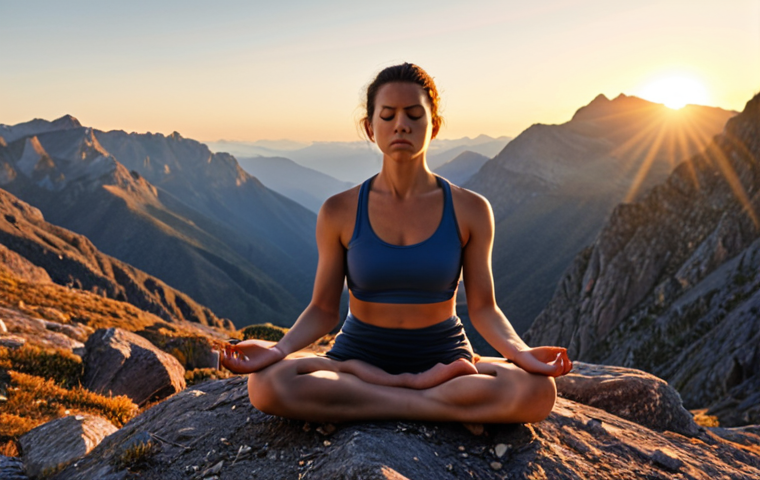 **A serene yet determined individual meditating in a rugged mountain landscape at sunrise, emphasizing mental resilience and stress management.** (Focus: Psychological resilience in nature)
