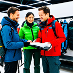 Strategic Choice and Technology Access**
A diverse group of professional male and female adventurers. Each person is fully clothed in appropriate, modest, high-quality outdoor adventure gear suitable for various terrains (e.g., waterproof jackets, sturdy hiking pants, warm layers). Professional dress for outdoor activity. They are standing in a modern, well-organized outdoor gear rental shop, surrounded by neatly displayed, state-of-the-art equipment like expedition tents, high-tech backpacks, and specialized tools. The lighting is bright and inviting. They are engaged, perhaps discussing options or preparing for different types of expeditions, conveying a sense of smart decision-making and preparedness. Natural pose. High-resolution, professional photography, natural lighting, sharp focus, vibrant colors, perfect anatomy, correct proportions, well-formed hands, proper finger count. safe for work, appropriate content, fully clothed, family-friendly, professional.

**