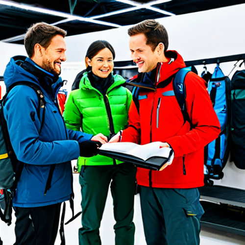 Home 17 Strategic Choice and Technology Access**
A diverse group of professional male and female adventurers. Each person is fully clothed in appropriate, modest, high-quality outdoor adventure gear suitable for various terrains (e.g., waterproof jackets, sturdy hiking pants, warm layers). Professional dress for outdoor activity. They are standing in a modern, well-organized outdoor gear rental shop, surrounded by neatly displayed, state-of-the-art equipment like expedition tents, high-tech backpacks, and specialized tools. The lighting is bright and inviting. They are engaged, perhaps discussing options or preparing for different types of expeditions, conveying a sense of smart decision-making and preparedness. Natural pose. High-resolution, professional photography, natural lighting, sharp focus, vibrant colors, perfect anatomy, correct proportions, well-formed hands, proper finger count. safe for work, appropriate content, fully clothed, family-friendly, professional.
**
