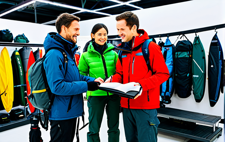 Strategic Choice and Technology Access**
A diverse group of professional male and female adventurers. Each person is fully clothed in appropriate, modest, high-quality outdoor adventure gear suitable for various terrains (e.g., waterproof jackets, sturdy hiking pants, warm layers). Professional dress for outdoor activity. They are standing in a modern, well-organized outdoor gear rental shop, surrounded by neatly displayed, state-of-the-art equipment like expedition tents, high-tech backpacks, and specialized tools. The lighting is bright and inviting. They are engaged, perhaps discussing options or preparing for different types of expeditions, conveying a sense of smart decision-making and preparedness. Natural pose. High-resolution, professional photography, natural lighting, sharp focus, vibrant colors, perfect anatomy, correct proportions, well-formed hands, proper finger count. safe for work, appropriate content, fully clothed, family-friendly, professional.

**