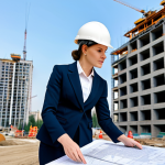 **

A professional female architect in a stylish, fully clothed business casual outfit (think tailored pants, a blouse, and a blazer), reviewing blueprints on a construction site in Moscow. Background includes modern buildings under construction, construction workers in appropriate safety gear, clear sky. Perfect anatomy, correct proportions, natural pose, well-formed hands, proper finger count, natural body proportions. Safe for work, appropriate content, fully clothed, professional, family-friendly.

**