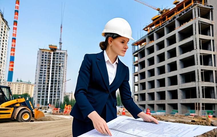 **

A professional female architect in a stylish, fully clothed business casual outfit (think tailored pants, a blouse, and a blazer), reviewing blueprints on a construction site in Moscow. Background includes modern buildings under construction, construction workers in appropriate safety gear, clear sky. Perfect anatomy, correct proportions, natural pose, well-formed hands, proper finger count, natural body proportions. Safe for work, appropriate content, fully clothed, professional, family-friendly.

**