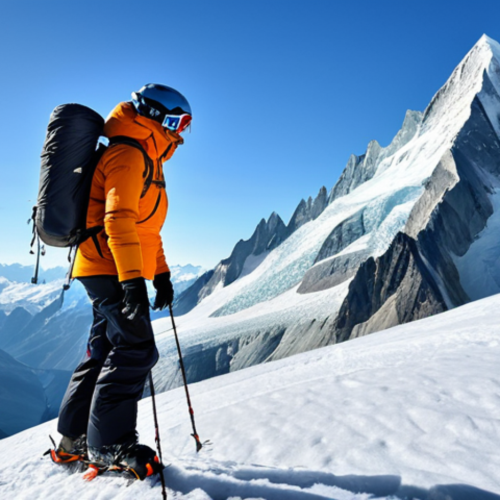 **

A professional female mountaineer, fully clothed in appropriate high-altitude gear (parka, climbing pants, gloves, helmet), ascending a snow-covered mountain peak. The background shows a vast panorama of jagged peaks and glaciers under a clear blue sky. Perfect anatomy, correct proportions, natural pose, well-formed hands. Safe for work, appropriate content, fully clothed, professional, family-friendly.

**
