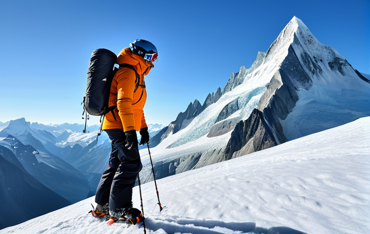 **

A professional female mountaineer, fully clothed in appropriate high-altitude gear (parka, climbing pants, gloves, helmet), ascending a snow-covered mountain peak. The background shows a vast panorama of jagged peaks and glaciers under a clear blue sky. Perfect anatomy, correct proportions, natural pose, well-formed hands. Safe for work, appropriate content, fully clothed, professional, family-friendly.

**