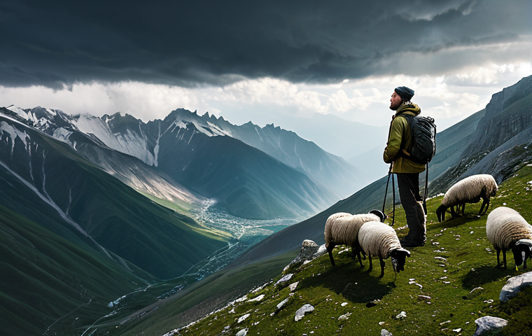 극한 환경 여행 중 사고 예방 팁 - A seasoned male hiker, with a rugged, observant face, stands on a rocky outcrop in the majestic Cauc...