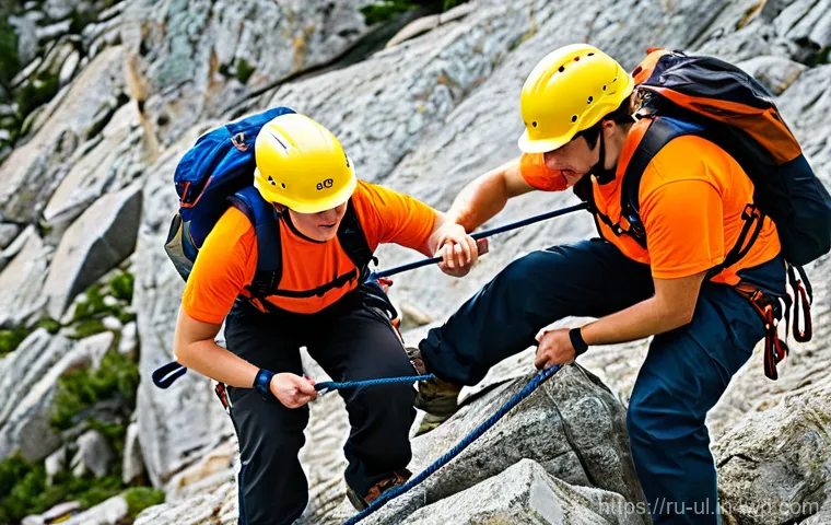 극한 환경 여행 안전을 위한 팀 구성 방법 - **Prompt:** A focused, mixed-gender team of three is at a temporary camp in a slightly rugged, misty...