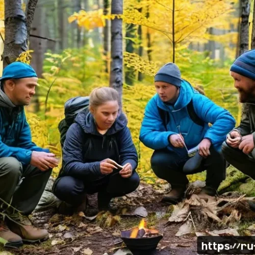 극한 환경에서의 안전 교육 프로그램 소개 - A group of diverse Russian adults participating in an outdoor survival training course in a dense fo...