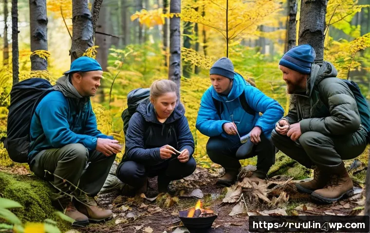 극한 환경에서의 안전 교육 프로그램 소개 - A group of diverse Russian adults participating in an outdoor survival training course in a dense fo...