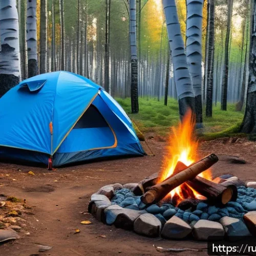 극한 환경에서의 불 사용 안전 수칙 - A detailed outdoor camping scene in a Russian forest during early autumn, showing a safe campfire se...
