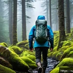 극한 환경 여행 안전 장비 추천 - A rugged outdoor scene featuring a hiker wearing high-quality Gore-Tex hiking boots with strong trea...