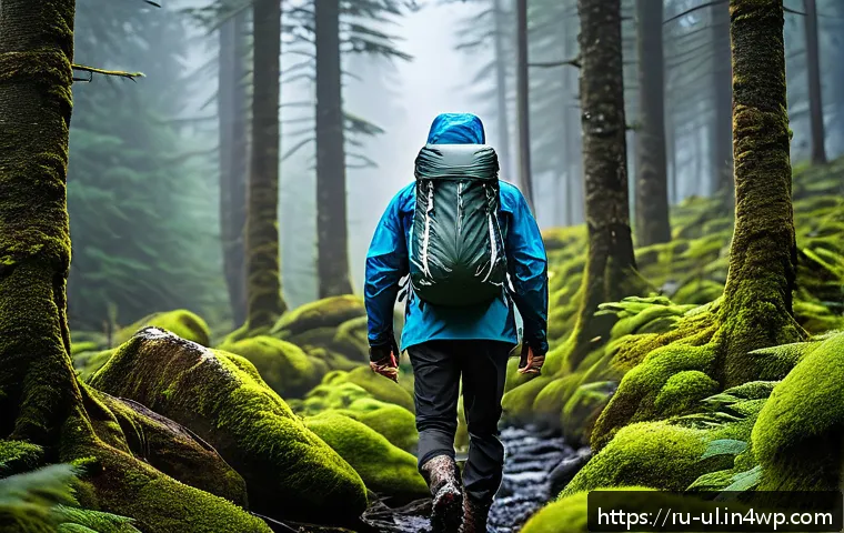 극한 환경 여행 안전 장비 추천 - A rugged outdoor scene featuring a hiker wearing high-quality Gore-Tex hiking boots with strong trea...