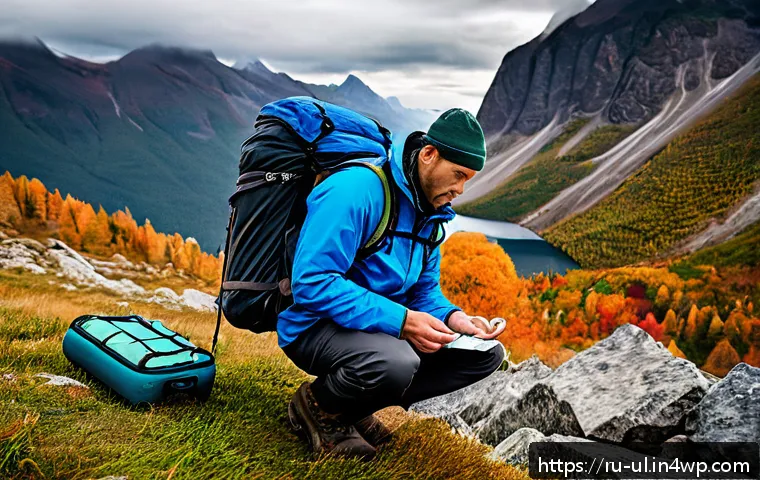극한 환경 여행 안전 계획의 중요성 - A detailed scene of a professional hiker preparing for an extreme mountain expedition in the Russian...