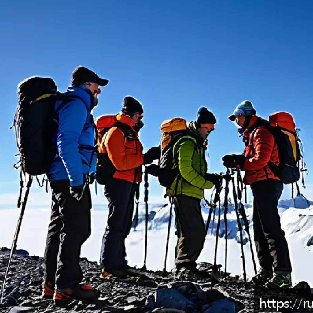 극한 환경 탐험 시 비상 연락망 구축 방법 - A rugged mountainous expedition scene featuring a group of hikers using portable satellite phones an...