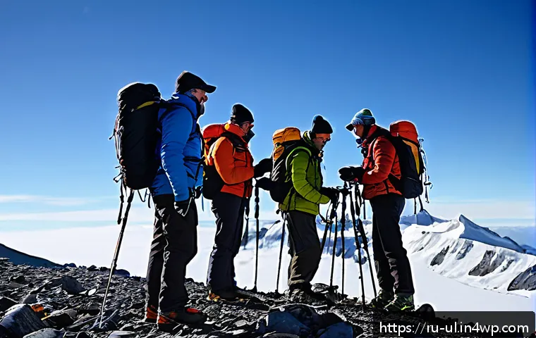 극한 환경 탐험 시 비상 연락망 구축 방법 - A rugged mountainous expedition scene featuring a group of hikers using portable satellite phones an...