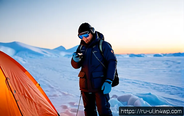Home 17 극한 환경에서의 통신 수단 사용법 - Photorealistic Arctic emergency communication scene in northern Russia, a bundled adult hiker wearin...