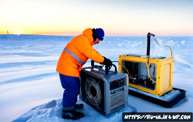 Home 17 극한 환경에서의 전기 기기 사용 안전 - Photorealistic Arctic winter safety scene in northern Russia, insulated electrician in full cold-wea...