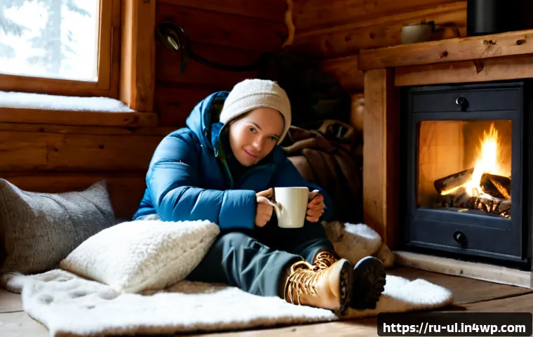 극한 환경 여행 후 회복 방법 - Photorealistic scene of a tired Russian hiker recovering after an Arctic winter expedition, sitting ...